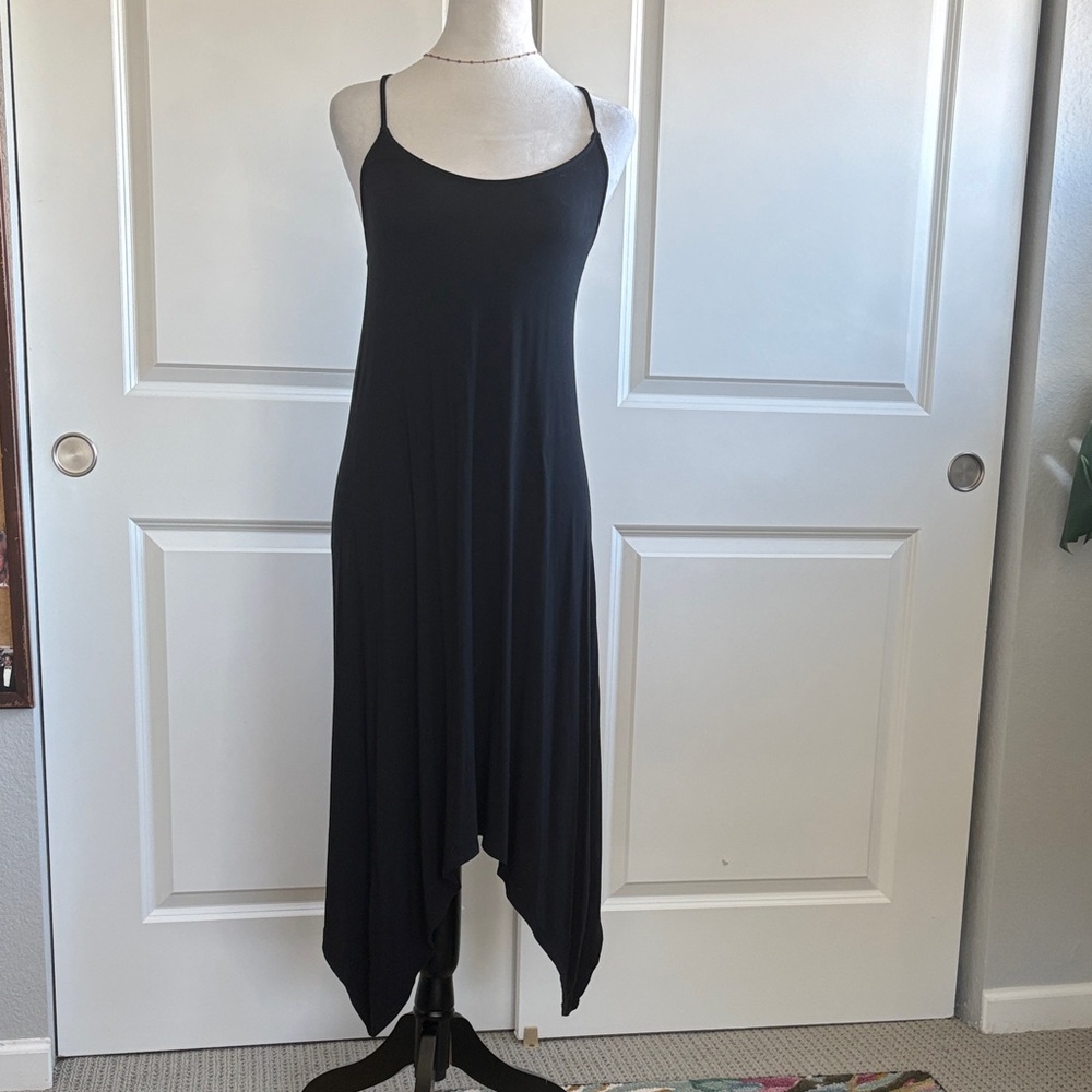 VENUS Black Asymmetrical Handkerchief-Hem Slip Dress. Check Out The Back!
